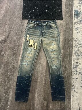 New AMIRI Distressed Blue Men's Slim Jeans with Patch Details Men’s 32 Waist 34L